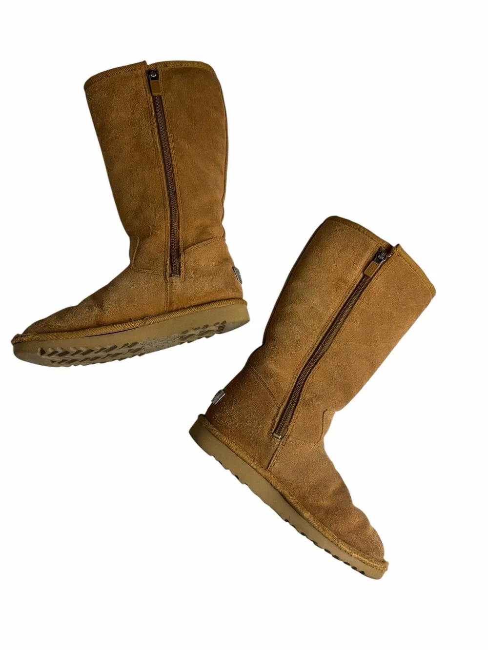 UGG boots, girls size 13 chestnut suede leather metal UGG plate inside zip